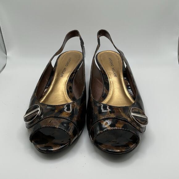 Antonio Melani Shoes Womens 8M Leopard Slingback Peep Toe Low Wedge Heel Slip On - Picture 2 of 13